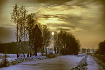 Dawn in a winter forest in central Russia. Winter landscape.