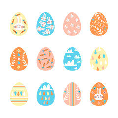 Set of decorated Easter eggs isolated on white background.  Paschal symbols covered with various ornaments. Flat illustration for religious holiday celebration