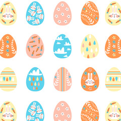 Seamless vector pattern with different colorful Easter eggs on white background. Spring festive texture. Endless design for printing. 