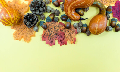 Autumn still life with pumpkins and leaves on yellow background. Autumn background image with copy space