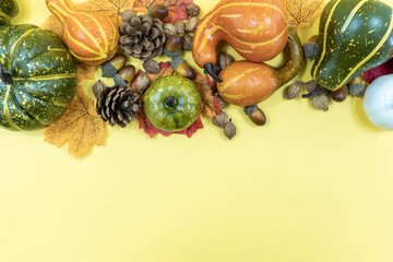 Autumn still life with pumpkins and leaves on yellow background. Autumn background image with copy space