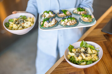 Woman in blue shirt hold a set of appetizer on a plate with seaweed, cheese, blueberry and hummus and freshly cooked salad on kitchen background. Homemade tasty snack.