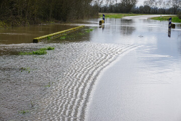 flooding of the Loire river, France on the roadway