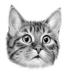 Hyperrealistic monochrome portrait of a surprised cat. Isolated on a white background