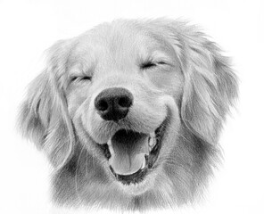 Realistic monochrome portrait of a happy labrador retriever. Hand-drawn drawing of a dog’s head isolated on white background