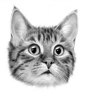 Hyperrealistic monochrome portrait of a surprised cat. Isolated on a white background