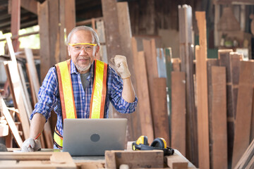 senior carpenter or worker looking at laptop computer excited by good news, celebrating success with arms raised
