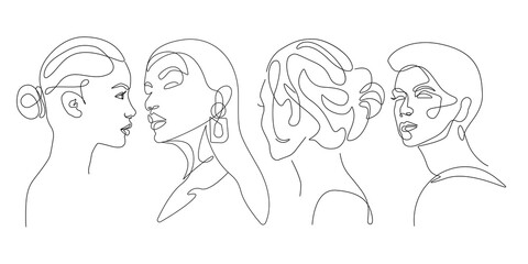 Abstract Women Faces One Line Drawing Set. Modern Abstract Woman Portrait. Trendy Minimalist Illustration. Black And White Outline Drawing. Vector EPS 10.