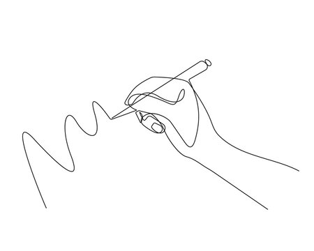 Hand Writes Continuous Line Art Drawing. Writing Hand One Line Illustration. Minimalistic Black Lines Drawing. Vector EPS 10