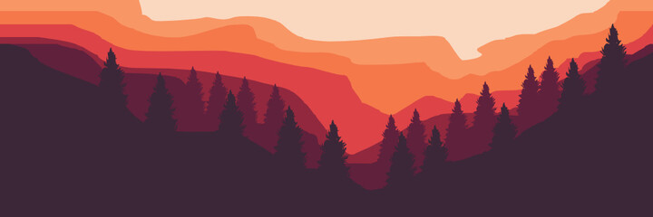 Vector flat design of sunset over mountain good for desktop wallpaper, web banner, and apps background