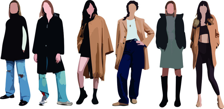 Set of women standing and wearing coat, in various poses, cartoon character, people, business, group, vector silhouette, flat design icon, different colors, isolated on white background 