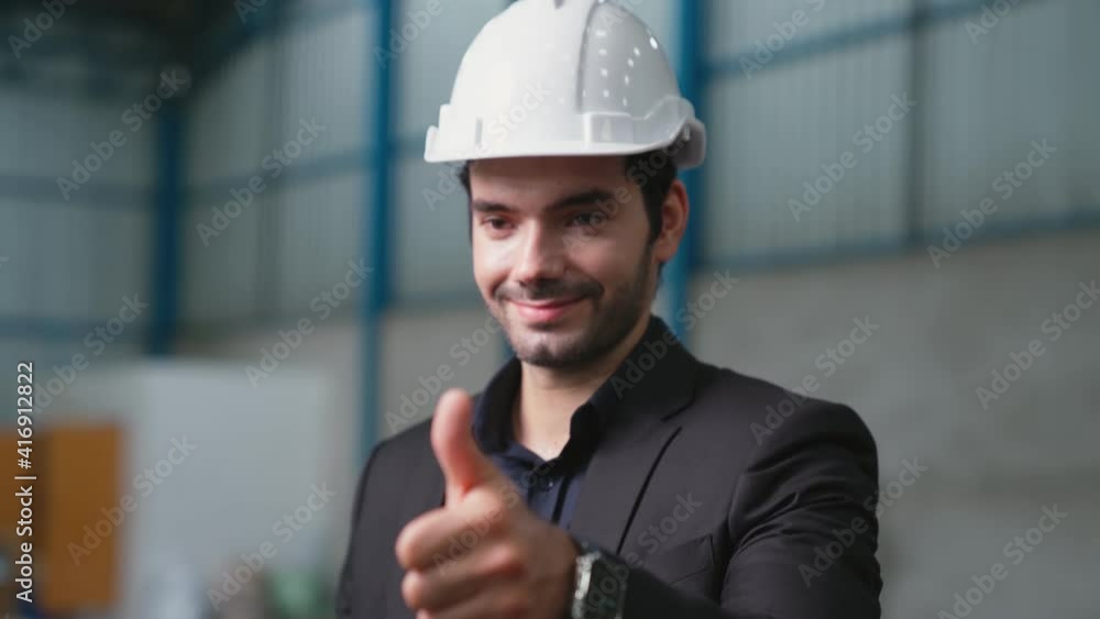 Poster factory manager using tablet computer in warehouse or factory . industry and supply chain management