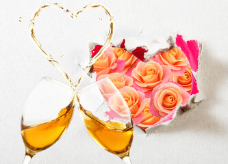 Two glasses of wine that spill out and form a stylized heart. Decoration of beautiful flowers