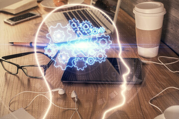 Double exposure of brain theme drawing and cell phone background. Concept of information