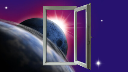 open window against the backdrop of a planet Earth. Elements of this image furnished by NASA.