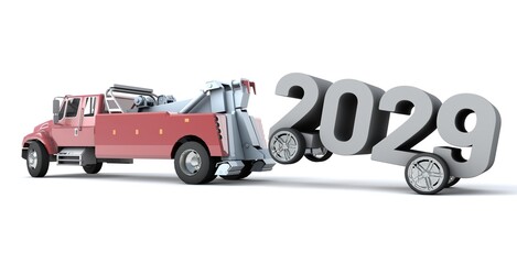 3D illustration of truck towing the number 2029 with wheels