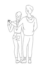 Young man and woman hugging. Couple in hand-drawning style vector illustration 