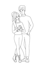 Young man and woman couple holding hands with coffee. Hand-drawning vector illustration 