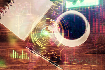 Multi exposure of financial chart hologram over desktop with cup. Top view. Mobile trade platform concept.