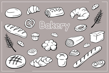 Set of hand-drawn bread and bakery in line style. Vector illustration. Pretzel, croissant, bagel, baguette, bun, cake, poppy roll, cookie, biscuit, strudel, cupcake, muffin, donut