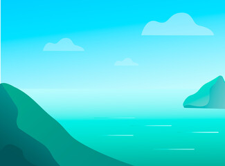 Vector calm sea landscape in the early morning in clear weather. Minimalistic style illustration with gradients.