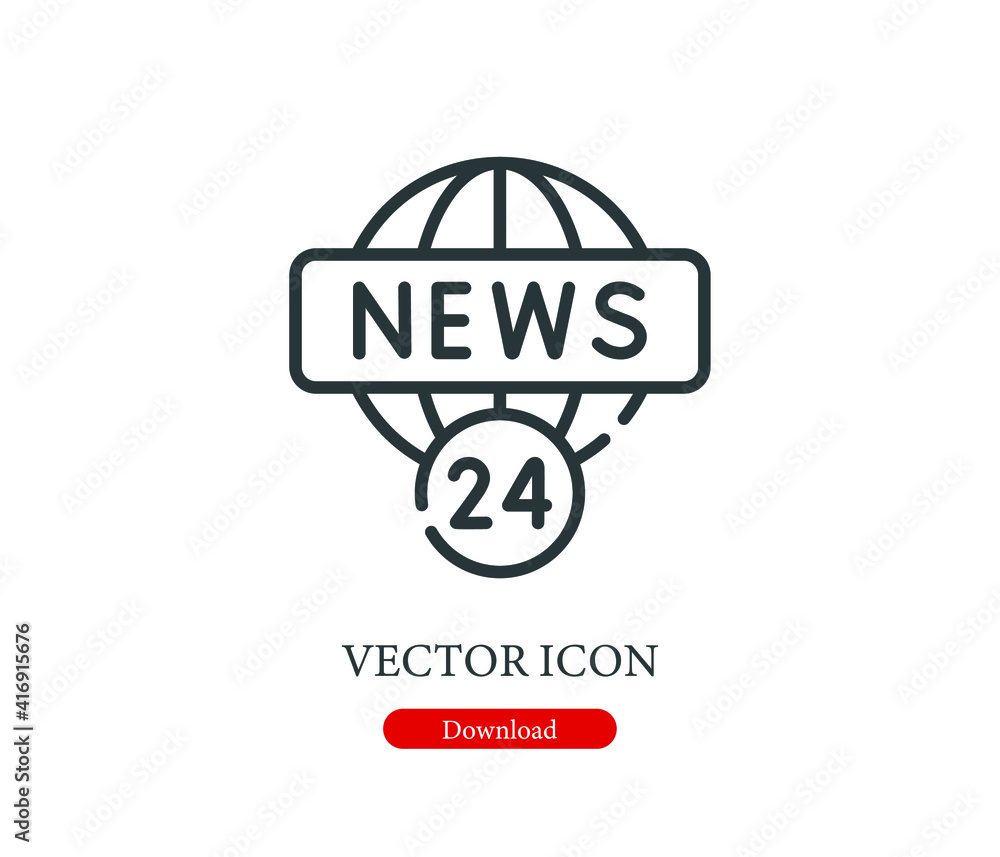Poster 24 hours news vector icon. editable stroke. symbol in line art style for design, presentation, websi