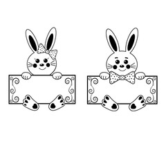 Cute rabbit character with greeting card, black outline