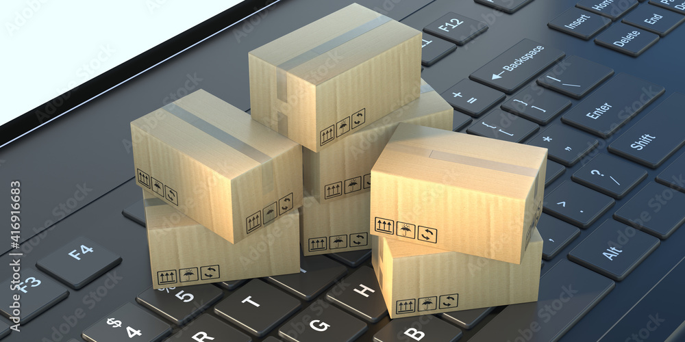 Wall mural Carton moving boxes closed on laptop keyboard. 3d illustration