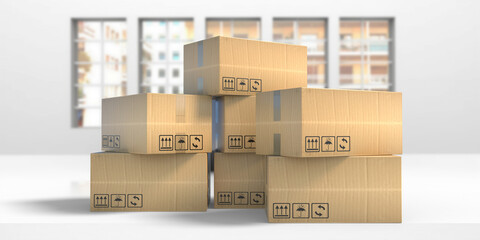 Carton moving boxes closed on office background. 3d illustration