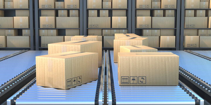 Cardboard boxes on the conveyor belt. 3d illustration