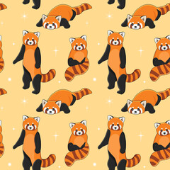 Seamless pattern of cute red panda in different poses. Cartoon design animal character flat vector style. Baby texture for fabric, wrapping, textile, wallpaper, clothing. © Alina
