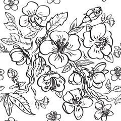 Cute hand drawn Seamless pattern with sakura flowers. Cherry tree. Black and white illustration on a white background.