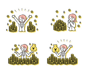 大量のコインと嬉しそうなスーツの女性（日本円）