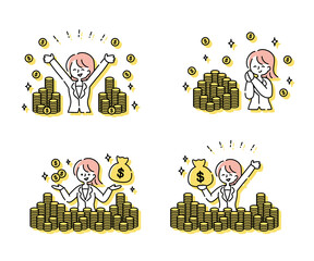 大量のコインと嬉しそうなスーツの女性（ドル）