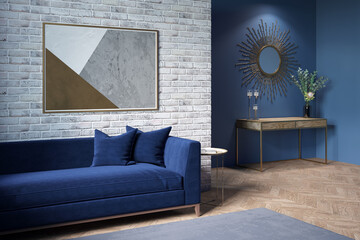 Modern living room with a horizontal poster on a brick wall, a dark blue sofa, a gray carpet on the parquet floor, a mirror in the background, a bouquet in a vase on a wooden sideboard. 3d render