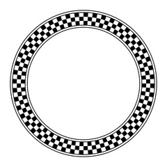 Circle frame with checkered pattern. Round border with checkerboard pattern, made of a checkerboard diagram, consisting of black and white alternating squares, framed with lines. Illustration. Vector.
