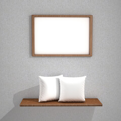 Cozy room illuminated with sunlight and decorated by two soft cushions on a wooden shelf on the wall and a frame for a photograph or a painting. Mockup with space for a text, logo or image. 3d render