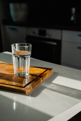 kitchen with a glass of water