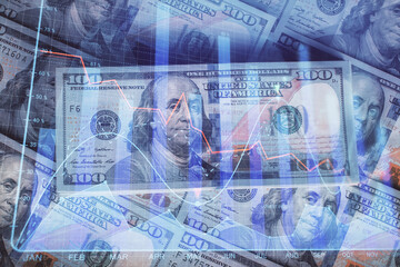 Multi exposure of forex chart drawing over us dollars bill background. Concept of financial success markets.