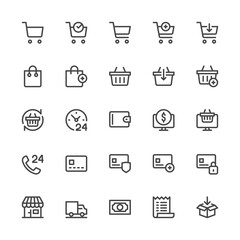 Shopping Cart, Shopping Basket, Electronic Commerce, Mobile Store, Support, Delivery. Simple Interface Icons. Editable Stroke. 32x32 Pixel Perfect Vector Line Icons.