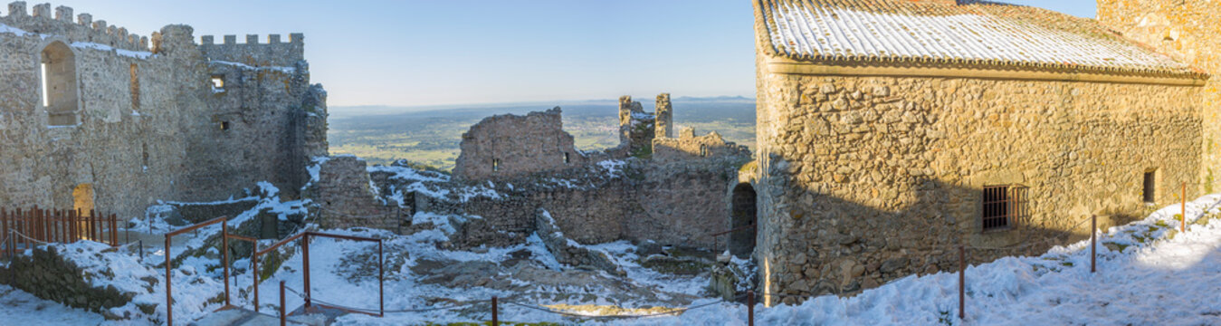 Snow-covered Montanchez Fortress. Extremadura, Spain