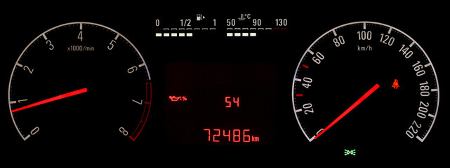 Oil life percentage display on car dashboard panel. Engine oil life monitor. Car instrument panel with speedometer, tachometer, odometer, car temperature and fuel gauge. Oil degradation indicator.
