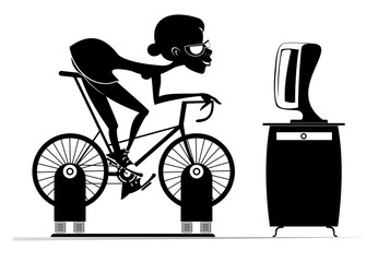 Cyclist woman trains at home on the exercise bike illustration. 
Cyclist young woman rides on exercise bike in front of TV or computer black on white
