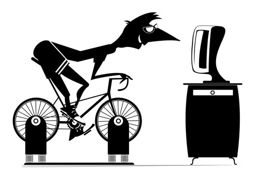 Cyclist trains at home on the exercise bike illustration. 
Cyclist young man rides on exercise bike in front of TV or computer black on white
