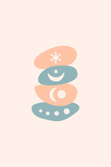 Meditation flat. Poster with ovale stones minimalist style overlay. Vector illustration. Abstract shape rocks background. Stacked pebbles color drawing. Cool print tshirt design. Balance zen concept.