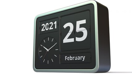 February 25 date on the flip clock calendar, 3d animation