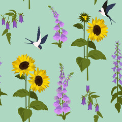 Seamless vector illustration with sunflowers, campanula and swallows on a green background. © Nadezhda