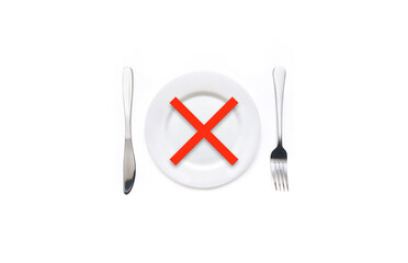 A white plate with a red cross stands on the tablecloth. The concept is about intermittent fasting, diet and healing diet. Top view, white background, copy space.