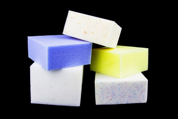 Samples of the foam component in the furniture industry. On a black background.