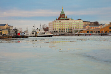 Finland, Helsinki, February 26, 2021
       view of the Gulf of Finland, view of the red church and the wheel of obzov in the city center